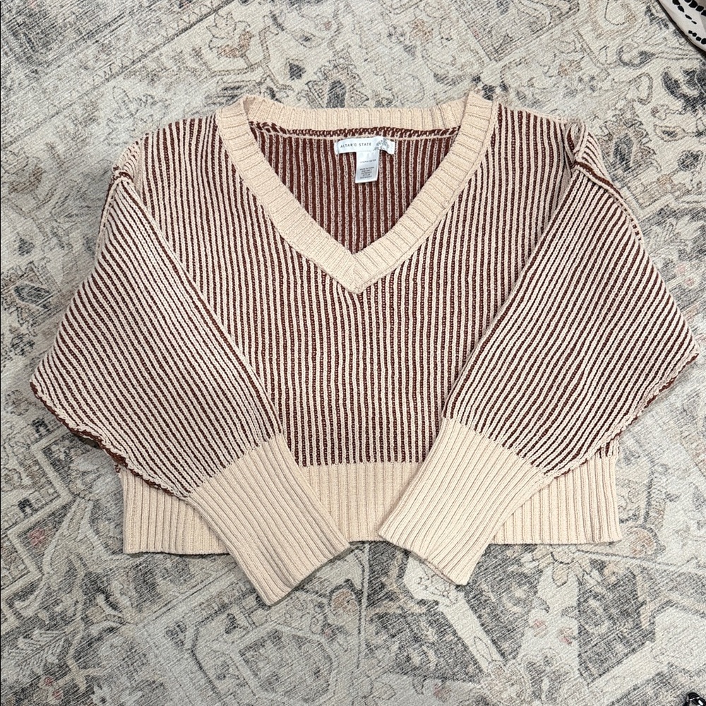 Altar'd State V-Neck Sweater - Cream and Brown